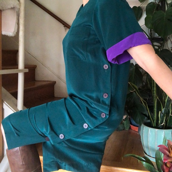 Vintage 80s Liz Claiborne 100% Silk Button Side Colorblock Shift Dress 8… - Picture 4 of 16